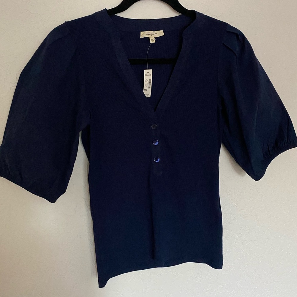Madewell Navy Blue V-Neck Button Front Puff Sleeve Top - XS